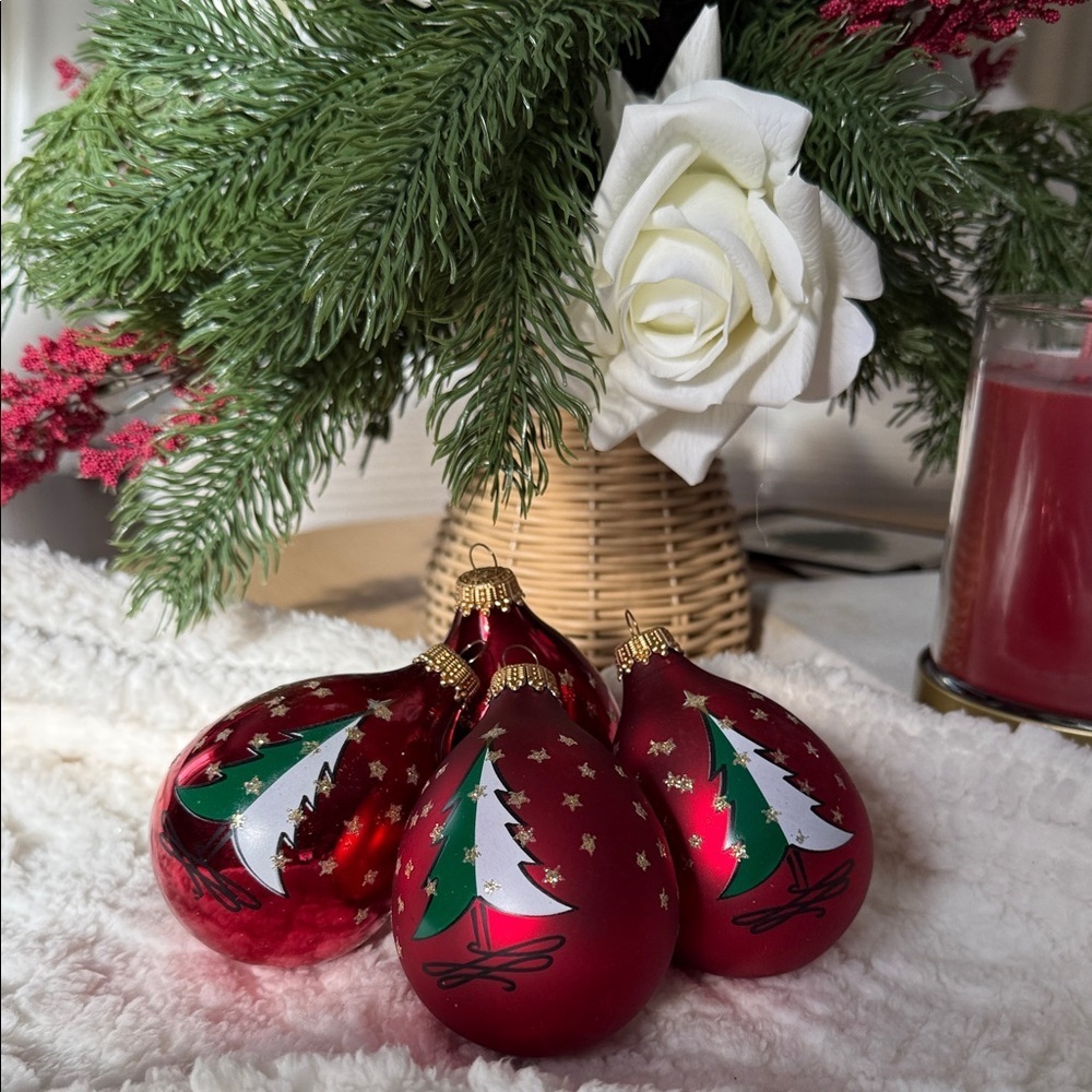 Set of Four (4) Vintage Red Christmas Ornaments with Tree Design and Gold Stars